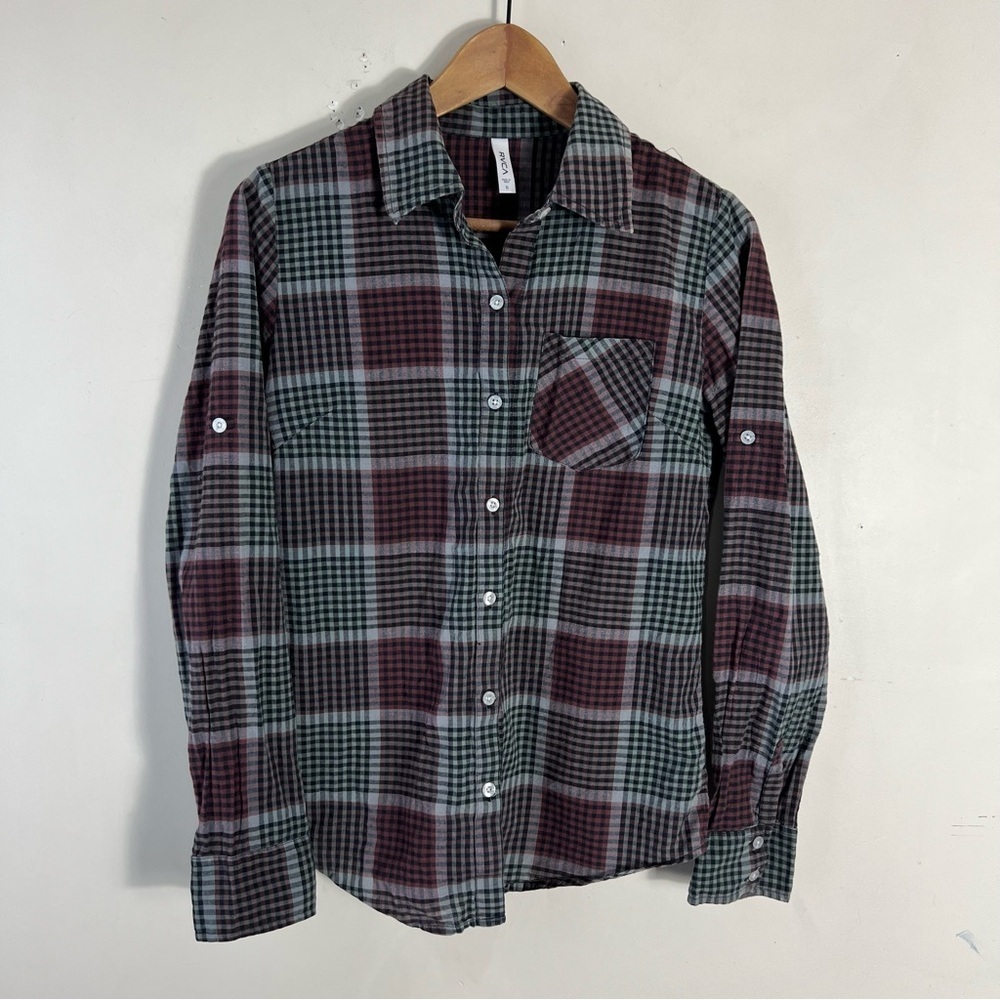 RVCA Women’s 100% Cotton Plaid Button Up Green Burgundy Pull Tab Sleeve Size S